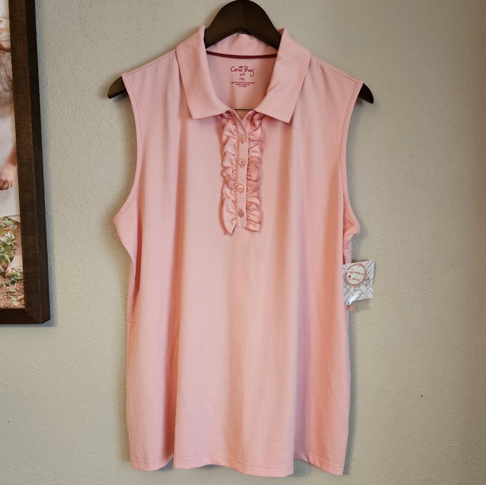Coral Bay NWT Pink Golf Sleeveless Shirt Ruffle Button PXL